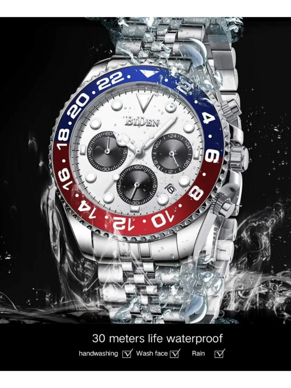 Men's White Luxury Stainless Steel Analog Chronograph Waterproof Classic Watch